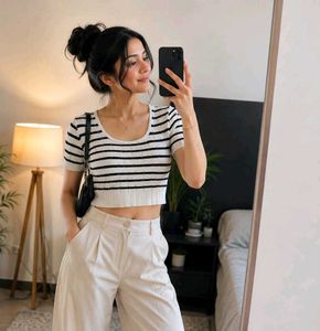 🤍 Black & White Striped Knit Crop Top