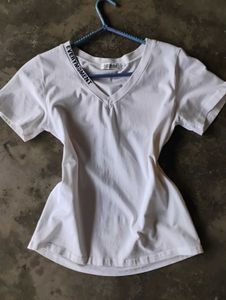 White V-Neck T-Shirt with Text Detail