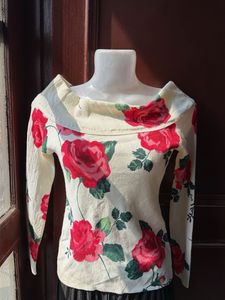 Cream Rose Print Off-Shoulder Top