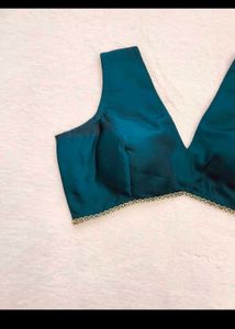 Elegant Teal V-Neck Blouse with Gold Trim