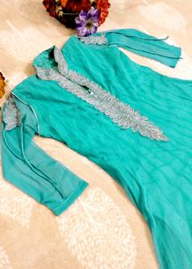 Heavy Sea Green Net Kurta Set with Sequins Work