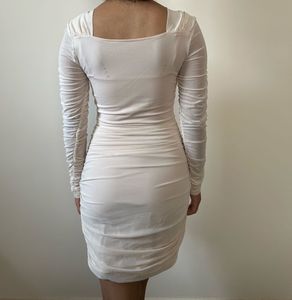 Cream Ruched Long Sleeve Dress