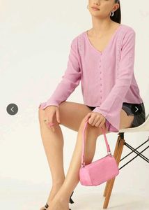 DressBerry Pink Self Design Lace Inserts Flared Sl