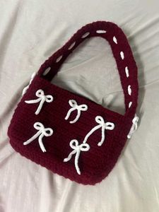 handmade Cute Burgundy Bow Crochet Handbag