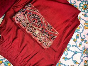 Maroon Embroidered Kurta Set with Pants &amp; Dupatta