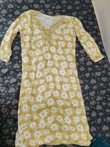 Yellow Floral Kurta with Embellished Neck