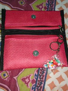 Pink Textured Wallet with Decorative Trim