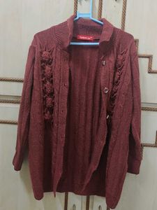 Maroon Cable Knit Cardigan with Floral Detail