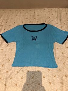 Cute Blue Butterfly Ribbed Top