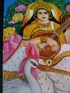 Saraswati Idol Canvas with Veena and Swan