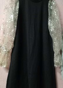 Black Woolen Dress w/ Sequin Sleeve