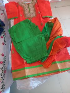Orange Kurta Set with Green Pants &amp; Dupatta