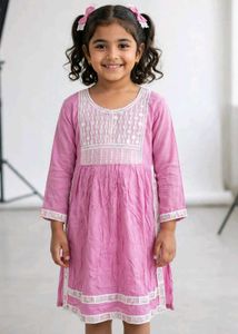 Pink Embroidered Cotton Kurti Dress
