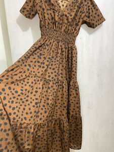 Brown Spot Tiered Midi Dress