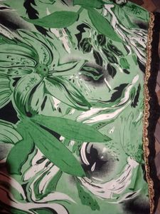 Green Floral Print Kurta with Black Velvet Necklin