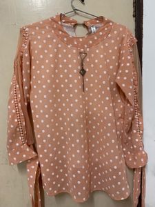 Peach Polka Dot Top with Tie Sleeves