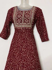 pure cotton long Maroon Printed Anarkali Kurta