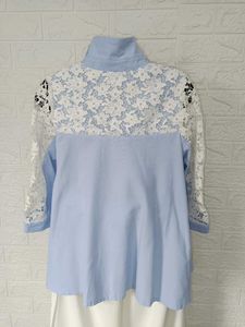 Sheer Lace Sleeve Baby Blue Button-Up Shirt