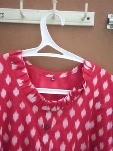Red Colour Ikkat Frock With High Neck Bell Sleeves