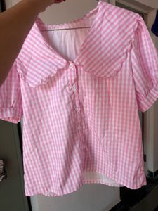 Cute savana Pink Gingham Peter Pan Collar Top