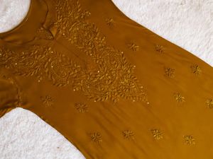 GOLDEN BROWN CHIKANKARI LONG KURTA