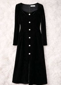 Elegant Black Velvet Button Dress