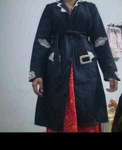 Denim Trench Coat with Lace Trim