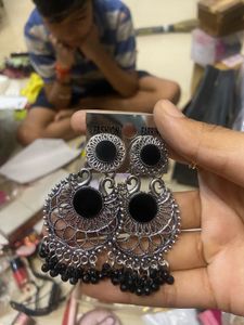 Oxidized Silver Black Jhumka Earrings