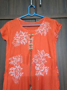 Orange Kurta with White Floral Print
