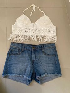 Crochet Halter Top & Denim Shorts Set