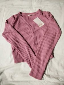 Pink Ribbed Cropped Cardigan Long Sleeves