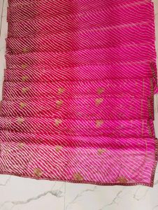 Vibrant Pink Leheriya Saree with Golden Buti
