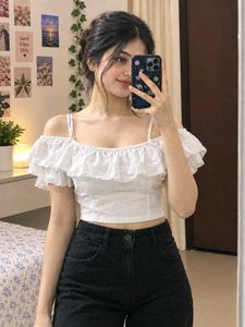 White Off-Shoulder Ruffle Crop Top
