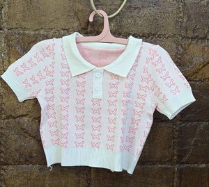 Cute Pink Butterfly Knit Polo Top