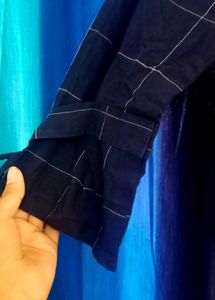 Navy Blue Plaid Bell Sleeve Top
