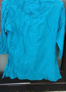 Turquoise Kurta with Pleated Neckline - S Size