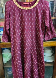 Burgundy Textured Straight Kurta With Palazzos