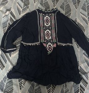 Boho Embroidered Navy Blue Tunic Top