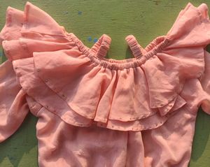 Kids Peach Off-Shoulder Dress with Bell Sleeves
