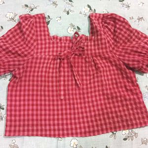 Red Checkered Square Neck Puff Sleeve Top