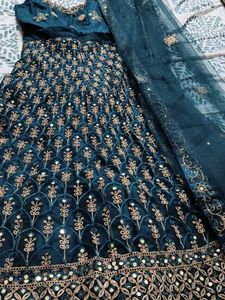 Stunning Teal Lehenga Choli with Gold Embroidery
