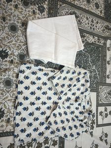 White Kurta Set with Blue Floral Print