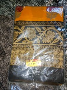 Orange &amp; Black Floral Print Saree