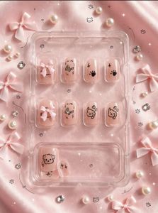 Cute Pink Square Press-On Nails  Puppy Paw &amp; Bow D