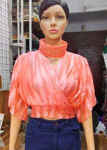Stylish Coral Puff Sleeve Wrap Top