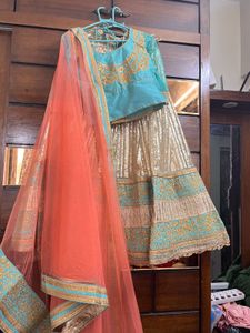 Teal &amp; Gold Lehenga Set