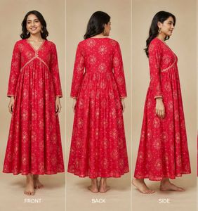 Red Ethnic Kurta with Golden Print