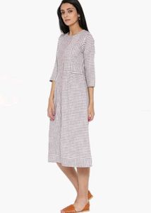 White &amp; Grey Striped Cotton Dress For Women