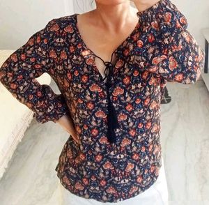 Floral Print Blouse with Tassel Detail