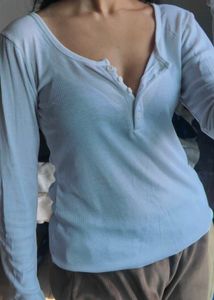 Ribbed Henley Long Sleeve Top